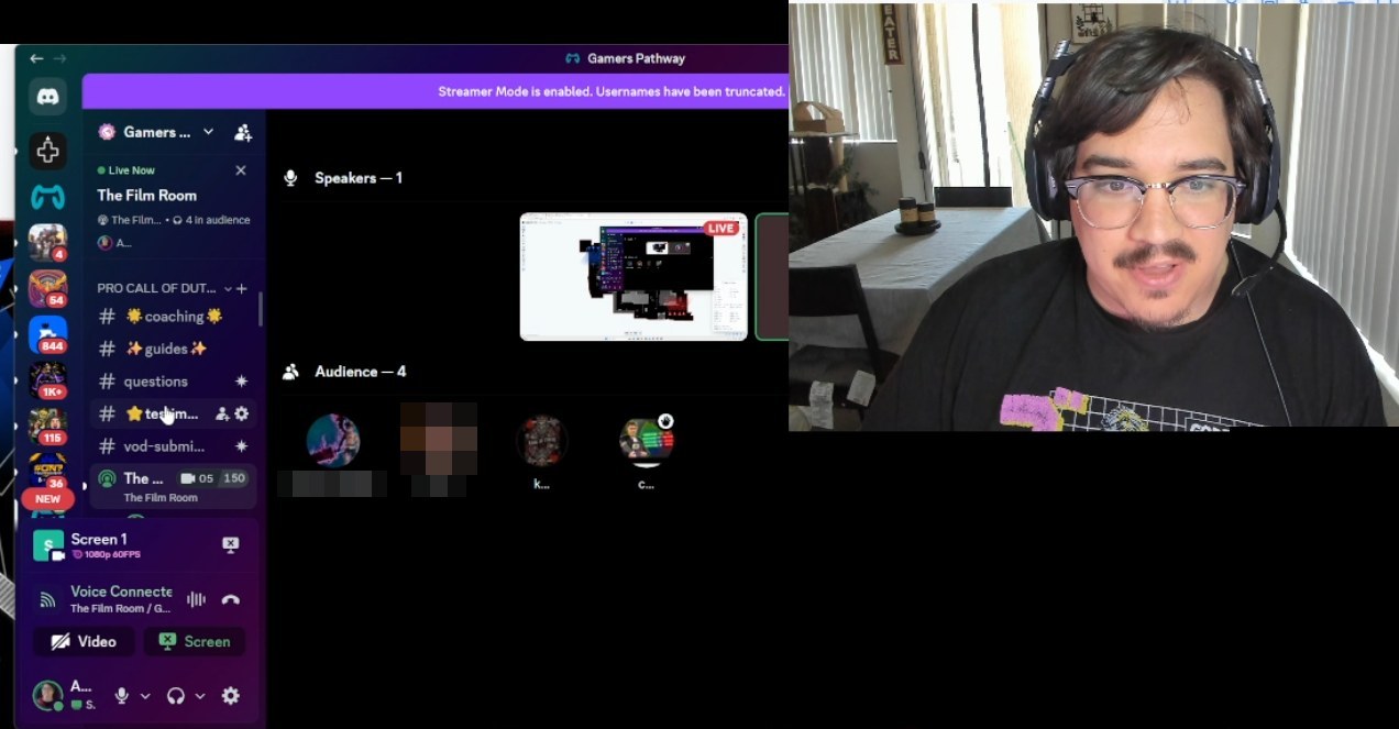 A live coaching call on Discord, facecam on
